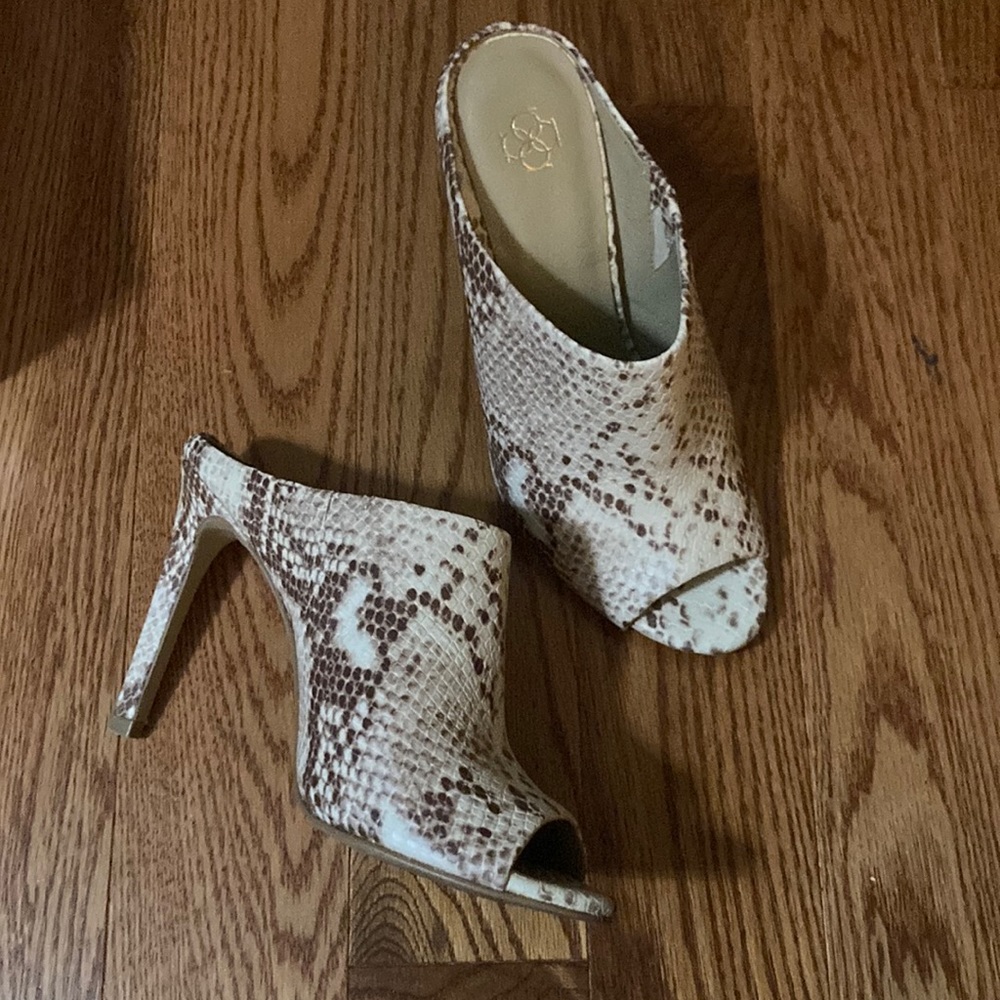 ANN TAYLOR LEATHER faux python high heel mules - beautiful detail